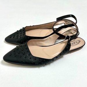 Tod's Embellished Point-Toe Flats with Ankle Strap in Black Size 10.5 / 11